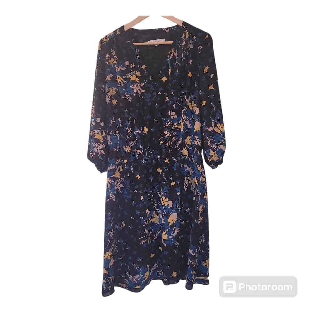 LOFT Black w Blue & Yellow Floral Lined  3/4 Sleeve Dress Keyhole w Tie  LARGE
